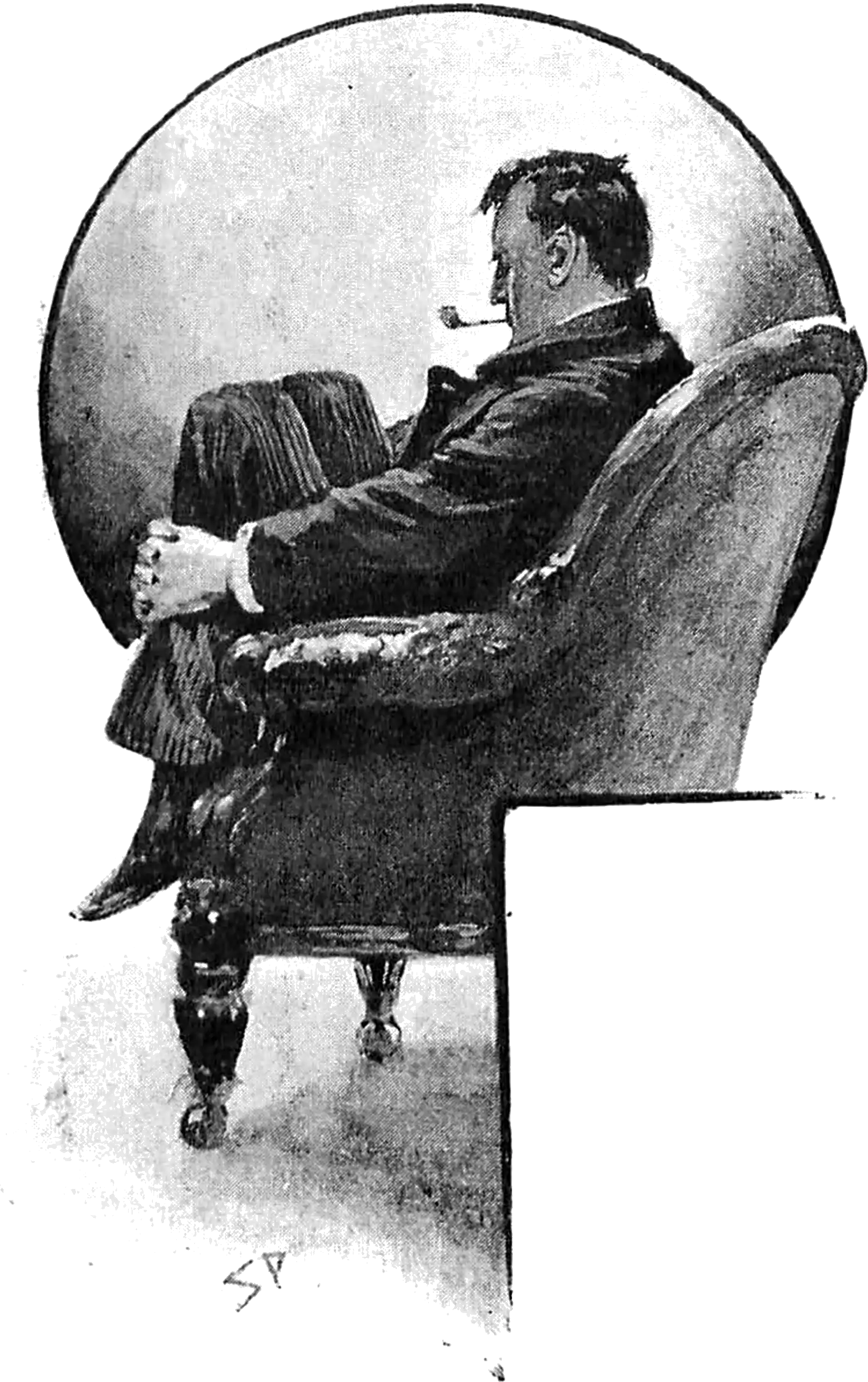 A person smoking a pipe sitting on a chair with feet on the chair and knees drawn up