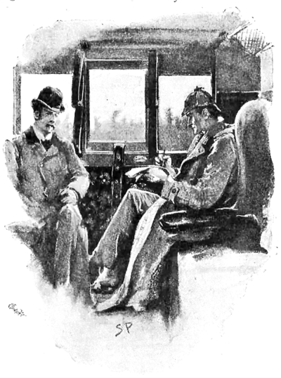 Dr. Watson and Sherlock Homes in a compartment of a railway carriage.