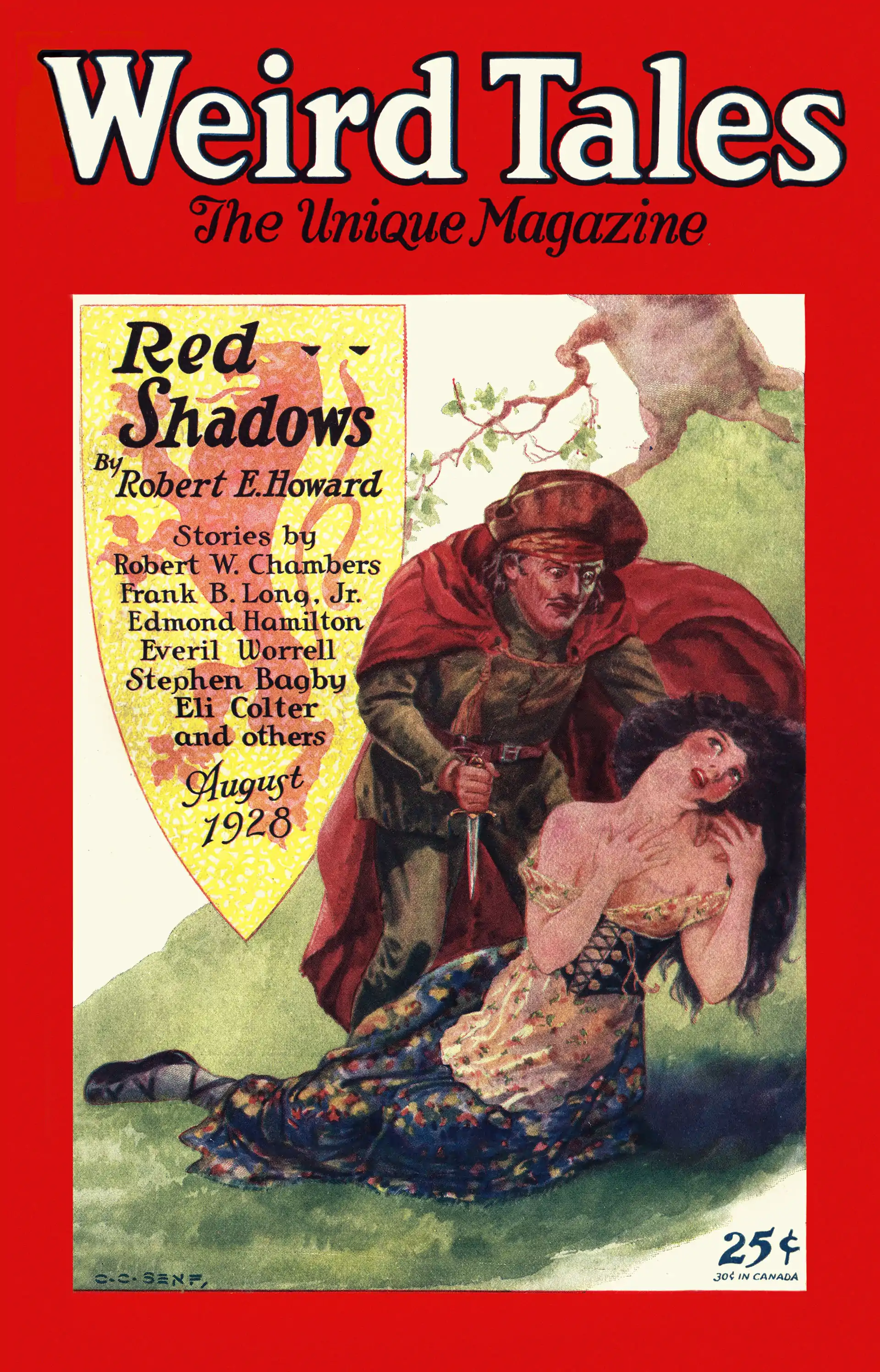 Weird Tales cover image for August 1928: Villain 'Le Loup' standing over a woman whom he plans to ravish and slay.