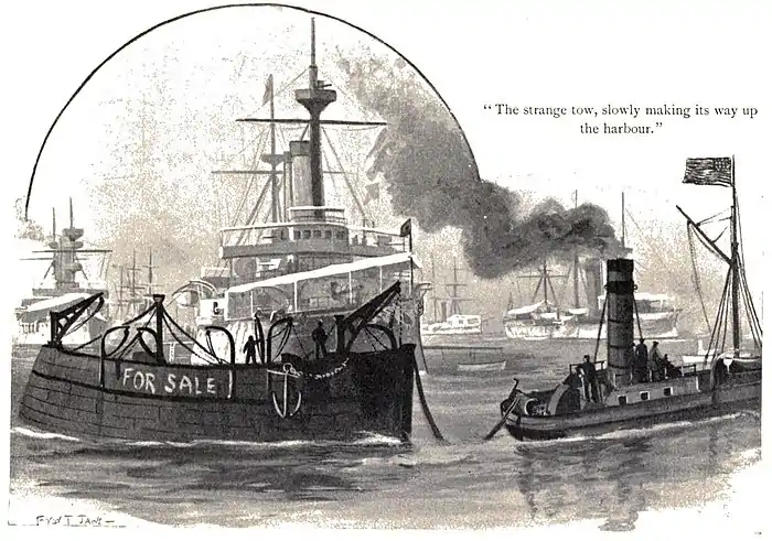 "The strange tow slowly making its way up the harbour;" small, old- style tug pulling a barge