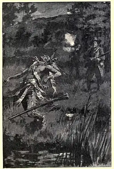 A native American collapses after being shot, apparently in the back