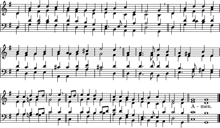 
<< <<
\new Staff { \clef treble \time 4/4 \partial 4 \key g \major \set Staff.midiInstrument = "church organ" \omit Staff.TimeSignature \set Score.tempoHideNote = ##t \override Score.BarNumber  #'transparent = ##t
  \relative c'
  << { d4 | b' d d c | b a g g | a b c e, | fis2 g4 \breathe \bar"||"
       d | b' d d c | \break b a g b | b a b cis | e2 d4 \breathe \bar"||"
       a | a4. 8 d4 b | a gis b e, | \break c' c d c8 d | e2 4 \breathe \bar"||"
       c8 d | e4 e d g, | c c b g | a b c e, | fis2 g4 \bar"||" \cadenzaOn g1 g \bar"|." } \\
  { d4 | g fis g a | g fis g d | e d c c | c2 b4 d | g fis g a
    g fis g g | g g g g | g2 fis4 4 | 4. 8 4 4 | e e e e
    e e g! g | g2 4 e | g a a g | g fis g d | e d c e | d2 4 | e1 d } >>
}
\addlyrics { _ _ _ _ _ _ _ _ _ _ _ _ _ _ _ _
             _ _ _ _ _ _ _ _ _ _ _ _ _ _ _ _
             _ _ _ _ _ _ _ _ _ _ _ _ _ _ _
             _ _ _ _ _ _ _ _ _ _ _ _ _ _ _ A -- men. }
\new Staff { \clef bass \key g \major \set Staff.midiInstrument = "church organ" \omit Staff.TimeSignature
  \relative c
  << { d4 | d' d d d | d c b g | e4. 8 4 a | a2 g4 d | d' d d d
       d c b d | cis cis d e | cis2 d4 d | d4. 8 4 4 | b4. a8 gis4 4
       a a b a8 b | c2 4 4 | 4 4 b c8 d | e4 d g, g | e4. 8 4 c' | c2 b4 | c1 b } \\
  { d,4 | g a b fis | g d e b | c b a a | d2 g,4 d' | g c b fis 
    g d e e | a, a a' a | a2 d,4 d | d4. 8 b4 d | e4. fis8 gis4 e 
    a a g! g | c2 c,4 c | c' fis, b b | a d, e b | c b a a | d2 g,4 | c1 g } >>
}
>> >>
\layout { indent = #0 }
\midi { \tempo 4 = 100 }
