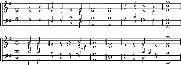 
\new ChoirStaff <<
  \new Staff { \clef treble \time 4/2 \key g \major \set Staff.midiInstrument = "church organ" \omit Staff.TimeSignature \set Score.tempoHideNote = ##t \override Score.BarNumber  #'transparent = ##t
  \relative c''
  << { g1 a2 b | a g g fis | g1 \bar"||" g | d'2 c c b | \time 2/2 c1 \fermata \bar"||" \break
       \time 4/2 c b2 a | gis a b b | a1 \bar"||" g | e2 g g fis | g1 \fermata \bar"|." } \\
  { d1 2 2 | 2 b e d | d1 d | g2 g d d | e1
    g g2 e | e e f e4( d) | c1 c | e2 d e d | d1 } >>
  } 
\new Staff { \clef bass \key g \major \set Staff.midiInstrument = "church organ" \omit Staff.TimeSignature
  \relative c'
  << { b1 a2 g | fis g c a | b1 b | b2 c a g | g1
       e' d2 c | b a a gis | a1 e | g2 g c4( b) a2 | b1 } \\
  { g1 fis2 g | d e c d | g,1 g | g'2 e f g | c,1 \fermata
    c g2 a | e' c d e | a,1 c | c2 b c d | g,1 \fermata } >>
  } 
>>
\layout { indent = #0 }
\midi { \tempo 2 = 60 }
