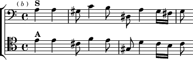 \layout {
\context { \Score \remove "Timing_translator" \remove "Default_bar_line_engraver" }
\context { \Staff \consists "Timing_translator" \consists "Default_bar_line_engraver" } }
\header { tagline = ##f }
\score { \new ChoirStaff <<
\new Staff \relative a { \clef bass \key a \minor \time 4/4 \partial 2 \mark \markup \tiny { ( \italic b ) }
a4^\markup \bold "S" a | gis8 c4 b8 dis, a'4 gis16 fis | g8 }
\new Staff \relative e' { \clef tenor \key a \minor
e4^\markup \bold "A" e cis8 f4 e8 gis,8 d'4 c16 b c8 } >> }