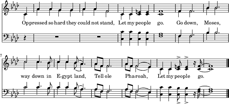 { << \new Staff << \key f \minor \time 4/4 \override Score.TimeSignature #'stencil = ##f \partial 4
 \new Voice \relative c' { \stemUp
  c4 | aes' aes g g | aes aes f2 |
  c4 c <e c> q f1 | f4 f2. | bes4 bes2. | %end line 1
  c2 c4. bes8 | c4 c bes8^( aes4.) |
  aes8 f f2. | aes8 f f2^( ees4) |
  c c <e c>8^> q4^> r16 <f c> ~ | q1 \bar "|." }
 \new Voice \relative c' { \stemDown
  c4 | aes' aes g g | aes aes f2 | c4 c s2 c1 |
  f4 f2. | bes4 bes2. | %end line 1
  c2 c4. bes8 | c4 c bes8_( aes4.) |
  aes8 f f2. | aes8 f f2_( ees4) | c c } >>
\addlyrics { Op -- pressed so hard they could not stand,
  Let my peo -- ple go. Go down, Mo -- ses,
  way down in E -- gypt land,
  Tell _ ole Pha -- _ roah, Let my peo -- ple go. }
\new Staff << \clef bass \key f \minor
 \new Voice \relative f { \stemUp
  r4 R1 R | s s f4 f2. | bes4 bes2. | %end line 1
  c2 c4. bes8 | c4 c bes8^( aes4.) | aes8 f f2. |
  aes8 f f2^( ees4) }
 \new Voice \relative c { \stemDown
  s4 s1 s | <c c'>4 q <c bes'> q |
  <f aes>1 | f4 f2. | bes4 bes2. | %end line 1
  c2 c4. bes8 | c4 c bes8_( aes4.) | aes8 f f2. |
  aes8 f f2_( ees4) | <c c'> q <c bes'>8_> q4_> r16 <f aes> ~ q1 } >> >> }