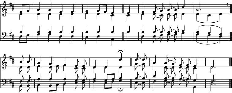 
<< <<
\new Staff { \clef treble \time 4/4 \key d \major \partial 4 \set Staff.midiInstrument = "church organ" \omit Staff.TimeSignature \set Score.tempoHideNote = ##t \override Score.BarNumber  #'transparent = ##t
  \relative c'
  << { fis8 g | a4 a fis fis | g g8 fis e4 \bar"||" 
       e | fis \autoBeamOff fis8( g) a ~ a d4 | a2. \breathe \bar"||" \break
       b8 b | a4 g fis e8 e | d4 d d' \fermata \bar"||"
       d8 ~ d | a4 8( g) fis ~ fis e4 | d2. \bar"|." } \\
  { d4 | d d d d | e d cis cis | d \autoBeamOff d8( cis) d ~ d d4 | d( cis d)
    d8 d | e4 d8 e fis4 cis8 8 | d4 d d g8 ~ g | a4 d,8 ~ d d ~ d cis4 | d2. } >>
}
\new Staff { \clef bass \key d \major \set Staff.midiInstrument = "church organ" \omit Staff.TimeSignature
  \relative c'
  << { a4 | a a a a | a a a a | a \autoBeamOff a8 ~ a a ~ a b4 | a( g fis)
       fis8 8 | a4 a a g8 g | a4 g8[ a] b4 8 ~ 8 | d4 b8 ~ b a ~ a g4 | fis2. } \\
  { d8 e | fis4 4 d d | cis d a a' | d, \autoBeamOff d8( e) fis ~ fis g4 | fis( e d)
    b8 b | cis4 b8[ cis] d4 e8 e | fis4 e8[ fis] g4 \fermata
    e8 ~ e | fis4 g8 ~ g a ~ a a,4 | d2. } >>
}
>> >>
\layout { indent = #0 }
\midi { \tempo 4 = 92 }
