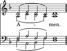 
<<
\new Staff { \clef treble \time 4/2 \key d \minor \set Staff.midiInstrument = "church organ" \omit Staff.TimeSignature \cadenzaOn
  \relative c' { << { d2( e d c) d1 \bar"||" } \\ { a2( c bes a) a1 } >> } }
\new Lyrics \lyricmode { A -- _ men. }
\new Staff { \clef bass \key d \minor \set Staff.midiInstrument = "church organ" \omit Staff.TimeSignature
  \relative c { << { f2( a f f) f1 } \\ { d2( a bes f') d1 } >> } }
>>
\layout { indent = #0 }
\midi { \tempo 4 = 144 }
