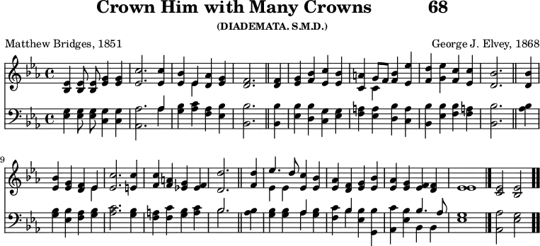 \version "2.16.2" 
\header { tagline = ##f title = \markup { "Crown Him with Many Crowns" "          " "68" } subsubtitle = "(DIADEMATA. S.M.D.)" composer = "George J. Elvey, 1868" poet = "Matthew Bridges, 1851" }
\score { << << \new Staff \with {midiInstrument = #"church organ"} { \key ees \major \time 4/4 \relative e' { \autoBeamOff
  <ees bes>4 q8 q <g ees>4 q | <c ees,>2. q4 |
  <bes ees,>4 << { ees, } \\ { ees } >> <aes d,> <g ees> |
  <f d>2. \bar "||"
  q4 | <g ees> <bes f> <c ees,> <bes ees,> |
  <a c,> << { g8[ f] } \\ { c4 } >> <f bes> <ees ees'> |
  <f d'> <g ees'> <f c'> <ees c'> | <d bes'>2. \bar "||"
  q4 | <ees bes'> <g ees> <f d> << { ees } \\ {{ ees }} >> |
  <ees c'>2. <e c'>4 |
  <f c'> <f a> <g ees!> <f ees> | <d d'>2. \bar "||"
  <f d'>4 | << { ees'4. d8 } \\ { ees,4 ees } >> <ees c'> <ees bes'> |
  <aes ees> <f d> <g ees> <bes ees,> |
  <aes ees> <g ees> <f ees> <f d> |
  << { ees1 } \\ { ees } >> \bar "|."
  <ees c>2 <ees bes> \bar ".." } }
\new Staff \with {midiInstrument = #"church organ"} { \clef bass \key ees \major \relative e { \autoBeamOff
  <ees g>4 q8 q <c g'>4 q |
  <aes aes'>2. << { aes'4 } \\ { aes } >> |
  <g bes> <aes c> <f aes> <ees bes'> | <bes bes'>2. %end line 1
  q4 | <ees bes'> <d bes'> <c g'> <ees g> |
  <f a> <ees a> <d bes'> <c a'> |
  <bes bes'> <ees bes'> <f bes> <f a> | <bes bes,>2. %end line 2
  <bes aes>4 | <g bes> <ees bes'> <f aes> <g bes> |
  <aes c>2. <g bes>4 |
  <f a> <f c'> <g bes> <a c> | << { bes2. } \\ { bes } >> %end line 3
  <bes aes>4 | <g bes> q << { aes } \\ { aes } >> q |
  <f c'> << { bes } \\ { bes } >> <bes ees,> <bes g,> |
  <c aes,> <bes ees,> << { bes4. aes8 } \\ { bes,4 bes } >> |
  <ees g>1 | <aes aes,>2 <g ees> } } >> >>
\layout { indent = #0 }
\midi { \tempo 4 = 90 } }
