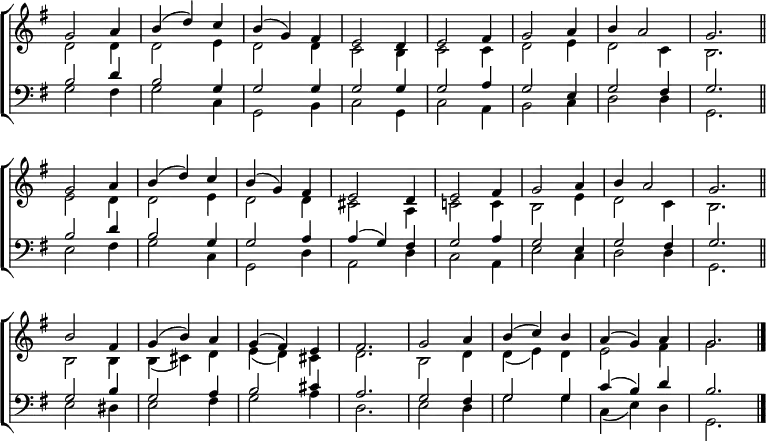 
\new ChoirStaff <<
  \new Staff { \clef treble \time 3/4 \key g \major \set Staff.midiInstrument = "church organ" \omit Staff.TimeSignature \set Score.tempoHideNote = ##t \override Score.BarNumber  #'transparent = ##t 
  \relative c''
  << { g2 a4 | b( d) c | b( g) fis | e2 d4 | e2 fis4 | g2 a4 | b a2 | g2. \bar"||" \break
       g2 a4 | b( d) c | b( g) fis | e2 d4 | e2 fis4 | g2 a4 | b a2 | g2. \bar"||" \break
       b2 fis4 | g( b) a | g( fis) e | fis2. | g2 a4 | b( c) b | a( g) a | g2. \bar"|." } \\
  { d2 d4 | d2 e4 | d2 d4 | c2 b4 | c2 c4 | d2 e4 | d2 c4 | b2.
    e2 d4 | d2 e4 | d2 d4 | cis2 a4 | c!2 c4 | b2 e4 | d2 c4 | b2.
    b2 b4 | b( cis) d | e( d) cis | d2. | b2 d4 | d( e) d | e2 fis4 | g2. } >>
  } 
\new Staff { \clef bass \key g \major \set Staff.midiInstrument = "church organ" \omit Staff.TimeSignature  
  \relative c'
  << { b2 d4 | b2 g4 | g2 g4 | g2 g4 | g2 a4| g2 e4 | g2 fis4 | g2.
       b2 d4 | b2 g4 | g2 a4 | a( g) fis | g2 a4 | g2 e4 | g2 fis4 | g2.
       g2 b4 | g2 a4 | b2 cis4 | a2. | g2 fis4 | g2 g4 | c( b) d | b2. } \\
  { g2 fis4 | g2 c,4 | g2 b4 | c2 g4 | c2 a4 | b2 c4 | d2 d4 | g,2.
    e'2 fis4 | g2 c,4 | g2 d'4 | a2 d4 | c2 a4 | e'2 c4 | d2 d4 | g,2.
    e'2 dis4 | e2 fis4 | g2 a4 | d,2. | e2 d4 | g2 g4 | c,( e) d | g,2. } >>
  } 
>>
\layout { indent = #0 }
\midi { \tempo 4 = 120 }
