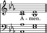 
<< <<
\new Staff { \clef treble \time 4/2 \key es \major \set Staff.midiInstrument = "church organ" \omit Staff.TimeSignature
  \relative c' {
  << { es1 es \bar"||" } \\ { c bes } >> }
}
\new Lyrics \lyricmode {
A -- men.
}
\new Staff { \clef bass \key es \major \set Staff.midiInstrument = "church organ" \omit Staff.TimeSignature
  \relative c' {
  << { aes1 g } \\ { aes,1 es' } >> }
}
>> >>
\layout { indent = #0 }
\midi { \tempo 2 = 60 }
