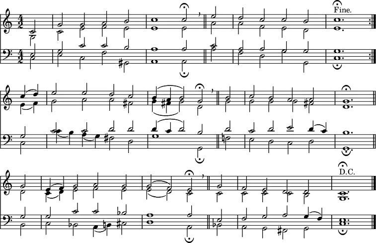 
<< <<
\new Staff { \clef treble \time 4/2 \key a \minor \partial 2 \set Staff.midiInstrument = "church organ" \relative c' 
  << { 
  \set Score.tempoHideNote = ##t \override Score.BarNumber  #'transparent = ##t
  c2 | g' g a b | c1 c2\fermata \breathe \bar"||" e | d c c b | c1.\fermata ^\markup{"Fine."} \bar":|." \break
  c4( d) | e2 e d c | b4( a b2) g\fermata \breathe \bar"||" b | c b a a | g1.\fermata \bar"||" \break
  g2 | e4( f) g2 a g | g( f) e\fermata \breathe \bar"||" g | f e d d | c1.\fermata ^\markup{"D.C."} \bar "|." } \\ 
  { g2 | c e f e | e1 e2 a | a f e d | e1.
  e4( f) | g2 a a fis | g4( fis g2) d g | g g g fis | d1.
  d2 | c4( d) e2 f e | e( d) c c | c c c b | g1. } 
  >>
}
\new Staff { \clef bass \key a \minor \set Staff.midiInstrument = "church organ" \relative c
  << { e2 | g c c b | a1 a2 c | a a g g | g1. 
  g2 | c c d d | d4( c d2) b d | c d e d4( c) | b1. 
  g2 | g c c bes | a1 a2 e | f g a g4( f) | e1. } \\ 
  { c2 | e c f gis, | a1 a2_\fermata a' | f d g g, | c1._\fermata 
  c2 | c'4( b) a( g) fis2 d | g1 g,2_\fermata f'! | e d c d | g,1._\fermata
  b2 | c bes a4( b) cis2 | d1 a2_\fermata bes | a g fis g | c1._\fermata } 
  >>
}
>> >>
\layout { indent = #0 }
\midi { \tempo 2 = 92 }
