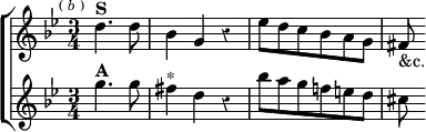 \new ChoirStaff << \override Score.Rest #'style = #'classical
\new Staff \relative d'' { \key g \minor \time 3/4 \partial 2 \mark \markup \tiny { (\italic"b") }
d4.^\markup \bold "S" d8 | bes4 g r |
ees'8 d c bes a g | fis_"&c." }
\new Staff \relative g'' { \key g \minor
g4.^\markup \bold "A" g8 | fis4^"*" d r |
bes'8 a g f! e d | cis } >>