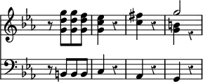 { \override Score.TimeSignature #'stencil = ##f \override Score.Rest #'style = #'classical \time 2/4 \key c \minor << \relative g'' { r8 <g d g,>[ <g d g,> <f d g,>] | <ees c g>4 r | <c fis> r | << { g'2 } \\ { <b, g>4 r } >> | }
\new Staff { \clef bass \key c \minor \relative b, { r8 b[ b b] | c4 r | aes r | g r | } } >> }