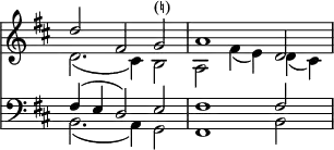 
<< <<
\new Staff { \clef treble \time 3/2 \key d \major \set Staff.midiInstrument = "flute" \omit Staff.TimeSignature \set Score.tempoHideNote = ##t \override Score.BarNumber  #'transparent = ##t
  \relative c''
  << { d2 fis, g ^\markup "(♮)" | a1 d,2 } \\
  { d2.( cis4) b2 | a fis'4( e) d( cis) } >>
}
\new Staff { \clef bass \key d \major \set Staff.midiInstrument = "flute" \omit Staff.TimeSignature
  \relative c
  << { fis4( e d2) e | fis1 fis2 } \\
  { b,2.( a4) g2 | fis1 b2 } >>
}
>> >>
\layout { indent = #0 }
\midi { \tempo 2 = 63 }
