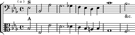 \new ChoirStaff <<
\new Staff \relative e { \clef bass \key ees \major \time 4/4 \partial 2 \mark \markup \tiny { ( \italic a ) }
ees2^\markup \bold "S" | bes aes' | g2. ges4 |
f ees d ees | c'1 bes2._"&c." }
\new Staff \relative b { \clef alto \key ees \major
bes2^\markup \bold "A" | ees, ees' | d2. des4 |
c bes a bes | g1 | f2. } >>