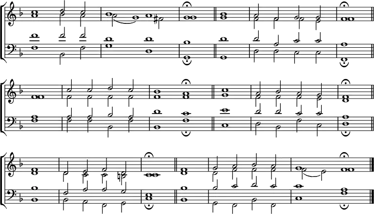 \new ChoirStaff <<
\new Staff { \clef treble \time 4/2 \key f \major \set Staff.midiInstrument = "church organ" \omit Staff.TimeSignature \set Score.tempoHideNote = ##t \override Score.BarNumber #'transparent = ##t
\relative c''
<< { c1 d2 c | bes1 a | g \fermata \bar"||"
bes | a2 f g g | f1 \fermata \bar"||" \break
f | c'2 c d c | bes1 a \fermata \bar"||"
\time 2/2 c | \time 4/2 a2 bes a g | f1 \fermata \bar"||" \break
f | d2 e f d | c1 \fermata \bar"||"
f | g2 a bes a | g1 f \fermata \bar"|." } \\
{ a1 bes2 a | a( g1) fis2 | g1 g | f2 f f e | f1
f | f2 f f f | f1 f | g | f2 f f e | d1
d | d2 c c b | c1 d | d2 f f f | f( e) f1 } >>
}
\new Staff { \clef bass \key f \major \set Staff.midiInstrument = "church organ" \omit Staff.TimeSignature
\relative c'
<< { f1 2 2 | d1 d | bes d | d2 a c c | a1
a | a2 a bes a | d1 c | e | d2 d c c | a1
bes | f2 a a g | e1 bes' | bes2 c d c | c1 a } \\
{ f1 bes,2 f' | g1 d | g, \fermata g | d'2 d c c | f,1 \fermata
f' | f2 f bes, f' | bes,1 f' \fermata | c | d2 bes f' c | d1 \fermata
bes | bes2 a f g | c1 \fermata bes | g2 f bes f | c'1 f \fermata } >>
}
>>
\layout { indent = #0 }
\midi { \tempo 2 = 66 }