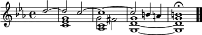 \relative c' { \time 4/4 \key c \minor \partial 2 << { << { d'2 ~ d c ~ <aes, c c'>1 ~ c'2 b4 a <g b>1\fermata\bar ".." } \\ { s2 <c, ees g>1 g'2 fis <g, d' g>1 ~ <g d'> } >> } >> }