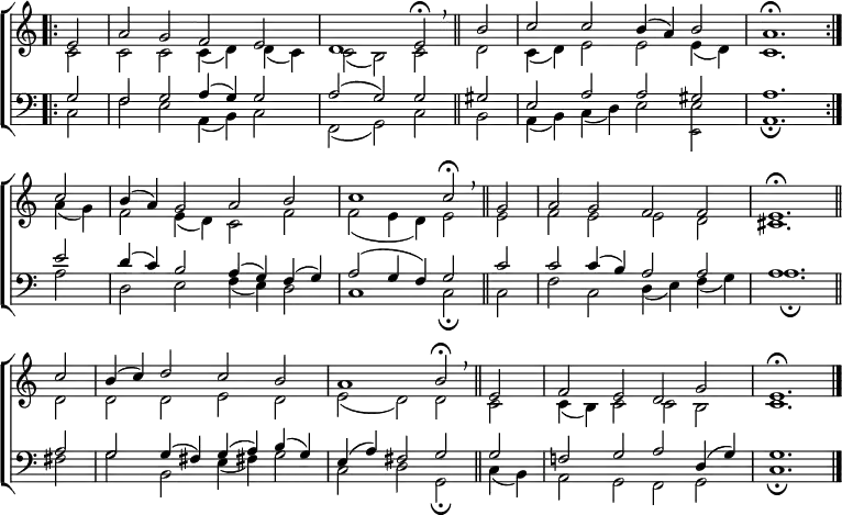 
\new ChoirStaff <<
  \new Staff { \clef treble \time 4/2 \key c \major \partial 2 \set Staff.midiInstrument = "church organ" \omit Staff.TimeSignature \set Score.tempoHideNote = ##t \override Score.BarNumber  #'transparent = ##t
  \relative c'
  << { \bar".|:" e2 | a g f e | d1 e2 \fermata \breathe \bar"||"
       b' | c c b4( a) b2 | a1. \fermata \bar":|." \break
       c2 | b4( a) g2 a b | c1 c2 \fermata \breathe \bar"||"
       g | a g f f | e1. \fermata \bar"||" \break
       c'2 | b4( c) d2 c b | a1 b2 \fermata \breathe \bar"||"
       e, | f e d g | e1. \fermata \bar"|." } \\
  { c2 | c c c4( d) d( c) | c2( b) c
    d | c4( d) e2 e e4( d) | c1.
    a'4( g) | f2 e4( d) c2 f | f( e4 d) e2
    e | f e e d | cis1.
    d2 | d d e d | e( d) d
    c | c4( b) c2 c b | c1. } >>
  } 
\new Staff { \clef bass \key c \major \set Staff.midiInstrument = "church organ" \omit Staff.TimeSignature \override Staff.NoteHead.style = #'altdefault
  \relative c'
  << { g2 | f g a4( g) g2 | a( g) g
       gis | e a a gis | a1.
       e'2 | d4( c) b2 a4( g) f( g) | a2( g4 f) g2
       c2 | c c4( b) a2 a | a1.
       a2 | g g4( fis) g( a) b( g) | e( a) fis2 g 
       g | f! g a d,4( g) | g1. } \\
  { c,2 | f e a,4( b) c2 | f,( g) c
    b | a4( b) c( d) e2 e | a,1. \fermata
    a'2 | d, e f4( e) d2 | c1 c2 \fermata
    c | f c d4( e) f( g) | a1. \fermata
    fis2 | g b, e4( fis!) g2 | c, d g, \fermata
    c4( b) | a2 g f g | c1. \fermata } \\
       \tiny \stemDown \shiftOff { s2 | s1 s1 | s1 s1 | s1 s2 e, } >>
  } 
>>
\layout { indent = #0 }
\midi { \tempo 2 = 42 }
