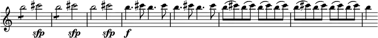 \relative b'' { \time 4/4 \override Score.TimeSignature #'stencil = ##f
b2:8 cis2\sfp b2:8 cis2\sfp | b cis\sfp | b4.\f cis8
\repeat unfold 3 { b4. cis8 }
\repeat unfold 8 { b( cis) } b4 }