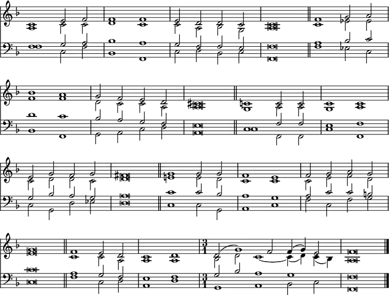 << <<
\new Staff { \clef treble \time 4/2 \key f \major \set Staff.midiInstrument = "church organ" \omit Staff.TimeSignature \set Score.tempoHideNote = ##t \override Score.BarNumber #'transparent = ##t \override Staff.NoteHead.style = #'altdefault
\relative c'
<< { c1 e2 f | f1 f | e2 d d c | c \breve \bar"||" f1 g2 a | \break
bes1 a | g2 f e d | cis \breve \bar"||" c!1 c2 c | c1 c | \break
e2 g f g | fis \breve \bar"||" g1 g2 g | f1 e | f2 g a g | \break
g \breve \bar"||" f1 e2 d | c1 d |
\undo \omit Staff.TimeSignature \time 3/1 d2( g1) f2 f4( g) e2 | f \breve \bar"|." } \\
{ a,1 c2 c | d1 c | c2 a bes g | a \breve | c1 es2 es |
f1 f | d2 c c a | a \breve | g1 a2 a | g1 a |
c2 d d c | d \breve | e!1 e2 d | c1 c | c2 e f d |
e \breve | c1 c2 a | a1 a | bes2 d c1 ~ c4( d) c( bes) | a \breve } >>
}
\new Staff { \clef bass \key f \major \set Staff.midiInstrument = "church organ" \omit Staff.TimeSignature \override Staff.NoteHead.style = #'altdefault
\relative c
<< { f1 g2 a | bes1 a | g2 f f e | f \breve \bar"||" a1 bes2 c | \break
d1 c | bes2 a g f | e \breve \bar"||" c1 f2 f | e1 f | \break
g2 bes a g | a \breve \bar"||" c1 c2 bes | a1 g | a2 c c b | \break
c \breve \bar"||" a1 g2 f | e1 f |
\undo \omit Staff.TimeSignature g2 bes a1 g | f \breve } \\
{ f1 c2 f | bes,1 f | c'2 d bes c | f, \breve | f'1 es2 c |
bes1 f | g2 a c d | a \breve | c1 f,2 f | c'1 f, |
c'2 g d' es | d \breve | c1 c2 g | a1 c | f2 c f g |
c, \breve | f1 c2 d | a1 d | g, a bes2 c | f, \breve } >>
}
>> >>
\layout { indent = #0 }
\midi { \tempo 2 = 66 }