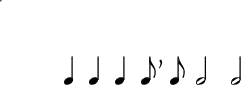 { \override Score.TimeSignature #'stencil = ##f \time 4/4 \override Score.Clef #'stencil = ##f \new RhythmicStaff \partial 16 \stopStaff \relative d' { s16 | d4 d d d8 \breathe d | d2 d | } }