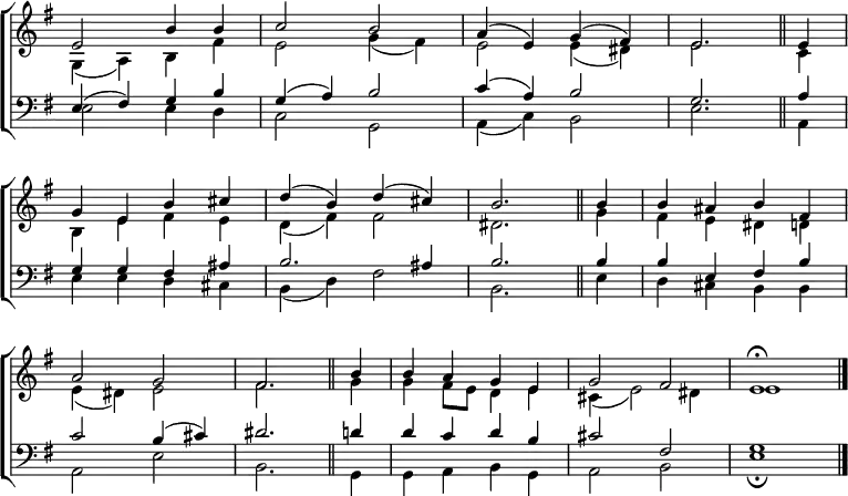
\new ChoirStaff <<
  \new Staff { \clef treble \time 4/4 \key e \minor \partial 1 \set Staff.midiInstrument = "church organ" \omit Staff.TimeSignature \set Score.tempoHideNote = ##t \override Score.BarNumber  #'transparent = ##t
  \relative c'
  << { e2 b'4 b | c2 b | a4( e) g( fis) | e2. \bar"||" e4 \break
       g e b' cis | d( b) d( cis) | b2. \bar"||" b4 | b ais b fis | \break
       a2 g | fis2. \bar"||" b4 | b a g e | g2 fis | e1 \fermata \bar"|." } \\
  { g,4( a) b fis' | e2 g4( fis) | e2 e4( dis) | e2. c4 |
    b e fis e | d( fis) fis2 | dis2. g4 | fis e dis d |
    e( dis) e2 | fis2. g4 | g fis8 e d4 e | cis( e2) dis4 | e1 } >>
  } 
\new Staff { \clef bass \key e \minor \set Staff.midiInstrument = "church organ" \omit Staff.TimeSignature \override Staff.NoteHead.style = #'altdefault
  \relative c
  << { e4( fis) g b | g( a) b2 | c4( a) b2 | g2. a4 |
       g g fis ais | b2. ais4 | b2. b4 | b e, fis b |
       c2 b4( cis) | dis2. d4 | d c d b | cis2 fis, | g1 } \\
  { e2 e4 d | c2 g | a4( c) b2 | e2. a,4 |
    e' e d cis | b( d) fis2 | b,2. e4 | d cis b b |
    a2 e' | b2. g4 | g a b g | a2 b | e1 \fermata } >>
  } 
>>
\layout { indent = #0 }
\midi { \tempo 4 = 84 }

