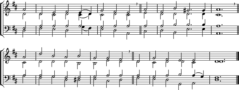 
\new ChoirStaff <<
  \new Staff { \clef treble \time 4/2 \key d \major \partial 2 \set Staff.midiInstrument = "church organ" \omit Staff.TimeSignature \set Score.tempoHideNote = ##t \override Score.BarNumber  #'transparent = ##t 
  \relative c''
  << { a2 | d, e fis e4( d) | g2 fis e \breathe \bar"||" a | fis b gis2. gis4 | a1. \breathe \bar"||" \break
       a2 | d b a b | g g fis \breathe \bar"||" d | g fis e e | d1. \bar"|." } \\
  { d2 | d cis d cis4( d) | cis2 d cis e | d d d2. d4 cis1.
    cis2 | d d d b | b e d d | cis d d cis | d1. } >>
  } 
\new Staff { \clef bass \key d \major \set Staff.midiInstrument = "church organ" \omit Staff.TimeSignature
  \relative c
  << { fis2 | a a a a | g a a a | a b b2. b4 | a1.
       a2 | a g fis fis | g a a a | g a b a4( g) | fis1. } \\
  { d2 | fis e d g4( fis) | e2 d a cis | d b e2. e4 | a,1.
    a'2 | fis g d dis | e cis d fis | e d g, a | d1. } >>
  } 
>>
\layout { indent = #0 }
\midi { \tempo 2 = 69 }
