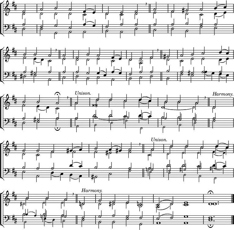 
\new ChoirStaff <<
  \new Staff { \clef treble \time 4/2 \key d \major \partial 2 \set Staff.midiInstrument = "church organ" \omit Staff.TimeSignature \set Score.tempoHideNote = ##t \override Score.BarNumber  #'transparent = ##t 
  \relative c'
  << { fis2 | a b a fis4( e) | d2 e fis \breathe \bar"||" a | fis gis a b4( cis) \break
     b2 b a \breathe \bar"||" a | fis b a fis4( e) | d2 e fis \breathe \bar"||" gis | a b cis d4( cis) \break
     b2 b a \fermata \breathe \bar"||" a ^\markup \italic "Unison." | d d cis d4( cis) b2 b a \breathe ^\markup \italic "Harmony." \bar"||" d, | \break
     g g fis gis4( a) | b2 a4( gis) a2 \breathe \bar"||" a ^\markup \italic "Unison." | d d cis d4( cis) \break
     b2 b a \breathe \bar"||" ^\markup \italic "Harmony." d,! | g fis e d! | cis( d) e1 | d1. \fermata \bar"|." } \\
  { d2 | d d d cis | d cis d e | fis d cis d4( e) |
  fis2 e4( d) cis2 e | d d e cis | d a fis' d | cis e e d4( e) |
  fis2 e4( d) cis2 a' | d d cis d4( cis) | b2 b a d, |
  d cis fis fis | fis eis fis a | d d cis d4( cis) |
  b2 b a d, | d dis e b | a( d) cis1 | d1. } \\
    \tiny \stemDown \override Staff.NoteHead.style = #'altdefault { s2 | s1 s1 | s1 s1 | s1 s1 |
    s1 s1 | s1 s1 | s1 s1 | s1 s1 |
    s1 s1 | fis \breve | d1_~ d2 s2 |
    s1 s1 | s1. cis2 | d e e fis4_( e) | 
    dis2 e e } >>
  }
\new Staff { \clef bass \key d \major \set Staff.midiInstrument = "church organ" \omit Staff.TimeSignature
  \relative c'
  << { a2 | fis g e a4( g) | fis2 a a a | a b a a |
     a gis a a | a g g4( e) a( g) | fis2 a a b | a gis a a |
     a gis a a | d d cis d4( cis) | b2 b a a |
     b a a d4( cis) | b2 b a a | d d cis d4( cis) |
     b2 b a fis | g a g fis | e( fis) g1 | fis1. } \\
  { d2 | d g, a a | b a d cis | d b fis' e |
  dis e a, cis | d b cis a | b cis d b | fis' e a4( gis) fis( e) |
  d2 e a \fermata a | d d cis d4( cis) | b2 b a fis |
  e a, d4( cis) b( a) | gis2 cis fis a | d d cis d4( cis) |
  b2 b a d, | b b e g, | a1 a | d1. \fermata } \\
     \tiny { s2 | s1 s1 | s1 s1 | s1 s1 |
     s1 s1 | s1 s1 | s1 s1 | s1 s1 |
     s1 s1 | b'_~ b2 a | a g fis s |
     s1 s1 | s1 s2 g! | fis gis a ais |
     b4( a) g!2 g } \\
   \tiny \stemDown \override NoteColumn.force-hshift = #0.5 {s2 | s1 s1 | s1 s1 | s1 s1 |
   s1 s1 | s1 s1 | s1 s1 | s1 s1 |
   s1 s2 a, | b d fis fis, | g b d s |
   s1 s1 | s1 s2 e | d b a fis |
   b e4( d) cis2 } >>
  } 
>>
\layout { indent = #0 }
\midi { \tempo 2 = 56 }
