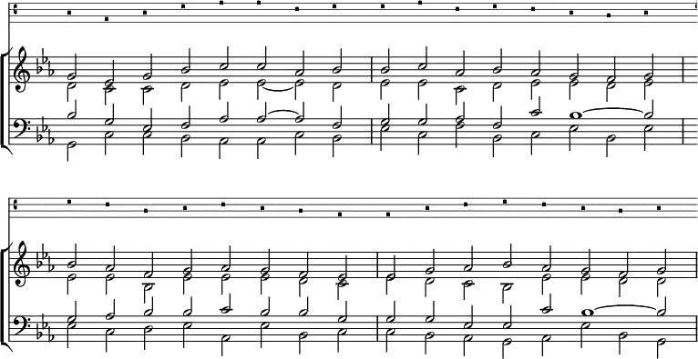  
<< 
\new VaticanaVoice { \set Staff.midiInstrument = "voice oohs"
   b2 g b d' e' e' c' d' d' e' c' d' c' b a b \break
   d' c' a b c' b a g | g b c' d' c' b a b |
    }
\new ChoirStaff <<
  \new Staff \relative << { \clef treble \time 8/2 \key es \major \set Staff.midiInstrument = "church organ" \omit Staff.TimeSignature \set Score.tempoHideNote = ##t \override Score.BarNumber  #'transparent = ##t
  \relative c''
   g2 es' g bes c c aes bes | bes c aes bes aes g f g |
   bes aes f g aes g f es | es g aes bes aes g f g | } \\
   { d c c d es es ~ es d | es es c d es es d es |
   es es bes es es es d c | es d c bes es es d d | }
   >>
  \new Staff \relative << { \clef bass \key es \major \set Staff.midiInstrument = "church organ" \omit Staff.TimeSignature
  \relative c'
   bes2 g es f aes aes ~ aes f | g g aes f c' bes1 ~ bes2 |
   g aes bes bes c bes bes g | g g es es c' bes1 ~ bes2 | } \\
   { g,2 c c bes aes aes c bes | es c f bes, c es bes es |
   es c d es aes, es' bes c | c bes aes g aes es' bes g | }
>>
>>
>>
\layout { indent = #0 }
\midi { \tempo 2 = 69 }

