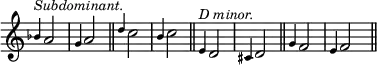 { \override Score.TimeSignature #'stencil = ##f \time 2/4 \relative a' { \grace bes4^\markup { \smaller \italic Subdominant. } a2 | \grace g4 a2 \bar "||" \grace d4 c2 | \grace b4 c2 \bar "||" \grace e,4^\markup { \smaller \italic "D minor." } d2 | \grace cis4 d2 \bar "||" \grace g4 f2 | \grace e4 f2 \bar "||" } }