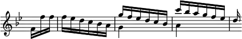 { \relative f' { \key bes \major \time 3/8 \override Score.TimeSignature #'stencil = ##f \partial 8.
f16 f' f | f ees d c bes a |
<< { g'16 f ees d c bes | c' bes a g f ees | d } \\
{ g,4 s8 a4 } >> } }