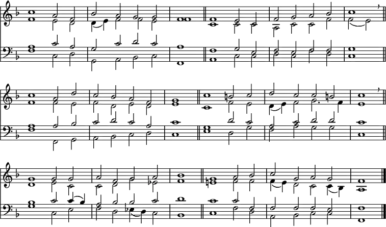 
<< <<
\new Staff { \clef treble \time 4/2 \key f \major \set Staff.midiInstrument = "church organ" \omit Staff.TimeSignature \set Score.tempoHideNote = ##t \override Score.BarNumber  #'transparent = ##t
  \relative c''
  << { c1 a2 f | bes a g g | \time 2/2 f1 \bar"||" 
       \time 4/2 f e2 c | f g a bes | \time 2/2 c1 \breathe \bar"||" \break
       \time 4/2 c a2 d | c bes a f | \time 2/2 g1 \bar"||"
       \time 4/2 c b2 c | d c c b | \time 2/2 c1 \breathe \bar"||" \break
       \time 4/2 g g2 g | a f g a | \time 2/2 bes1 \bar"||"
       \time 4/2 g a2 bes | c g a g | \time 2/2 f1 \bar"|." } \\
  { f1 e2 d | d4( e) f2 f e | f1 | c c2 c | a c c f | f( e)
    f1 2 e | f d e d | e1 | c f2 e | d4( e) f2 g2. f4 | e1
    d e2 c | c d g es | f1 | e! f2 f | f4( e) d2 c c4( bes) | a1 } >>
}
\new Staff { \clef bass \key f \major \set Staff.midiInstrument = "church organ" \omit Staff.TimeSignature
  \relative c'
  << { a1 c2 a | g c d c | a1 | f g2 e | f e f f | g1
       a a2 bes | c d c a | c1 | g d'2 c | a c d d | c1
       bes c2 4( bes) | a2 bes bes c | d1 | c c2 f, | f f f e | f1 } \\
  { f1 c2 d | g, a bes c | f,1 | a c2 c | d c f d | c1
    f f,2 g | a bes c d | c1 | e d2 g | f a g g | c,1
    g' c,2 e | f d es4( d) c2 | bes1 | c f2 d | a bes c c | f,1 } >>
}
>> >>
\layout { indent = #0 }
\midi { \tempo 2 = 66 }
