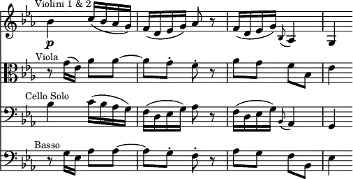 { << \new Staff \relative b' { \key ees \major \time 2/4 \override Score.TimeSignature #'stencil = ##f \mark \markup \small "Violini 1 & 2"
bes4\p c16( bes aes g) | f( d ees g) aes8 r |
f16( d ees g) \appoggiatura bes,8 aes4 | g4 }
\new Staff \relative g' { \clef alto \key ees \major
r8^\markup \small \center-align "Viola" g16( ees) aes8 aes ~ |
aes g8-. f-. r | aes g f bes, | ees4 }
\new Staff \relative b { \clef bass \key ees \major
bes4^\markup \small \center-align "Cello Solo" c16( bes aes g) |
f( d ees g) aes8 r |
f16( d ees g) \appoggiatura bes,8 aes4 | g4 }
\new Staff \relative g { \clef bass \key ees \major
r8^\markup \small \center-align "Basso" g16 ees aes8 aes ~ |
aes g-. f-. r | aes g f bes, | ees4 } >> }