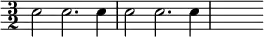 \relative c'' { \override Score.Clef #'stencil = ##f \time 3/2 c2 c2. c4 | c2 c2. c4 | s }