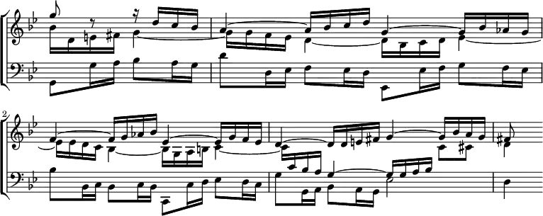 \new ChoirStaff << \override Score.TimeSignature #'stencil = ##f
\new Staff = "up" { \key g \minor \time 4/4 \partial 2 <<
\new Voice \relative g'' { \stemUp
g8 r r16 d c bes | a4 ^~ a16 bes c d g,4 ^~ g16 bes aes g |
f4 ^~ f16 g aes bes ees,4 ^~ ees16 g f ees |
d4 ^~ d16 d e fis g4 ^~ g16 bes a g | fis8 s }
\new Voice \relative b' { \stemDown
bes16 d, e fis g4 _~ | g16 g f ees d4 _~ d16 bes c d ees4 _~ |
ees16 ees d c bes4 _~ bes16 g a b c4 _~ | c16 \stemUp
\change Staff = "down" c bes a g4 ^~ g16 g a bes \stemDown
\change Staff = "up" c8 cis | d4 } >> }
\new Staff = "down" { \key g \minor \clef bass
\new Voice \relative g, { \stemDown
g8 g'16 a bes8 a16 g |
d'8 d,16 ees f8 ees16 d ees,8 ees'16 f g8 f16 ees |
bes'8 bes,16 c bes8 c16 bes c,8 c'16 d ees8 d16 c |
g'8 g,16 a bes8 a16 g ees'2 | d4 } } >>