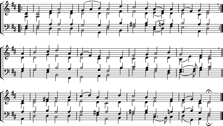 
\new ChoirStaff <<
  \new Staff { \clef treble \time 6/4 \key d \major \partial 4 \set Staff.midiInstrument = "church organ" \omit Staff.TimeSignature \set Score.tempoHideNote = ##t \override Score.BarNumber  #'transparent = ##t 
  \relative c'
  << { \bar".|:" d4 | d2 fis4 a2 fis4 | g( a b) a2 d4 | cis2 b4 a( fis) a | g( fis) g fis2 \breathe \bar":|." \break
     a4 | b2 cis4 d2 a4 | g( fis) e d2 d4 | fis2 g4 a2 b4 | g2 fis4 e2 \breathe \bar"||" \break
     e4 | fis2 gis4 a2 b4 | cis( d) b a2 d4 | cis2 b4 a2 g4 | fis( g) e d2\fermata \bar"|."} \\
  { a4 | a2 d4 e2 d4 | d2 d4 d2 fis4 | fis2 d4 e( d) d | d2 cis4 d2 
  d4 | d2 g4 fis2 d4 | d2 cis4 d2 d4 | cis2 d4 d2 d4 | b( e) d cis2
  cis4 | d2 e4 e2 fis4 | e2 d4 cis2 d4 | fis2 d4 e2 e4 | d2 cis4 d2 } >>
  }
\new Staff { \clef bass \key d \major \set Staff.midiInstrument = "church organ" \omit Staff.TimeSignature
  \relative c
  << { fis4 | fis2 a4 a2 a4 | g2 g4 fis2 b4 | ais2 b4 e,( a) a | b2 a4 a2
     a4 | g2 g4 b2 a4 | b2 g4 fis2 b4 | cis2 b4 a2 fis4 | g4.( a8) b4 cis2
     a4 | a2 b4 a2 a4 | a2 gis4 a2 fis4 | ais2 b4 e,2 a4 | a( b) g fis2 } \\
  { d4 | d2 d4 cis2 d4 | b2 g4 d'2 b4 | fis'2 g4 cis,( d) fis | e2 a,4 d2 
  fis4 | g2 e4 b2 fis4 | g2 a4 b2 b'4 | a2 g4 fis2 d4 | e4.( fis8) g4 a2 
  a,4 | d2 d4 cis2 d4 | e2 e4 a,2 b4 | fis'2 g4 cis,4.( b8) cis4 | d( g,) a d2\fermata } >>
  } 
>>
\layout { indent = #0 }
\midi { \tempo 4 = 120 }
