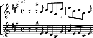 \new ChoirStaff << \override Score.Rest #'style = #'classical
\new Staff \relative a' { \key a \major \time 4/4 \mark \markup \tiny { (\italic "a") }
r4 r8^\markup \bold "S" a cis a fis d'_"*" | e b cis gis a }
\new Staff \relative e' { \key a \major
r4 r8^\markup \bold "A" e fis d b gis' | a e fis cis e } >>