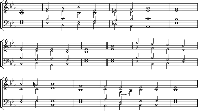 
\new ChoirStaff <<
  \new Staff { \clef treble \time 4/2 \key es \major \partial 1 \set Staff.midiInstrument = "church organ" \omit Staff.TimeSignature \set Score.tempoHideNote = ##t \override Score.BarNumber  #'transparent = ##t 
  \relative c'
  << { es1 | g2 aes bes es, | f g aes1 \bar"||" \time 2/2 g1 \break
     \time 4/2 f2 es es d | es1 \bar"||" bes' | es2 d c bes \break
     bes a bes1 \bar"||" \time 2/2 g1 | \time 4/2 f2 es es d | es1 \bar"|."} \\
  { bes1 | es2 es bes bes | des des es1 | es |
  d2 c c bes | bes1 es | g2 f es d |
  c c d1 | bes | c2 g4( aes) bes2 bes | bes1 } >>
  }
\new Staff { \clef bass \key es \major \set Staff.midiInstrument = "church organ" \omit Staff.TimeSignature
  \relative c'
  << { g1 | bes2 c f, g | aes bes c1 | bes |
     bes2 g aes f | g1 g | bes2 bes g f |
     g f f1 | g | aes2 es f f | g1 } \\
  { es1 | es2 c d es | des bes aes1 | es' |
  bes2 c aes bes | es1 es | es2 bes c d |
  es f bes,1 | es | aes,2 c bes bes | es1 } >>
  } 
>>
\layout { indent = #0 }
\midi { \tempo 2 = 66 }
