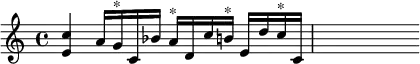{ \time 4/4 \relative e' { <e c'>4 a16 g^"*" c, bes' a^"*" d, c' b^"*" e, d' c^"*" c, | s } }