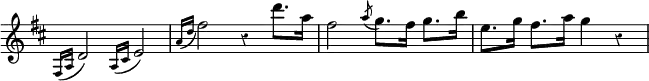 { \relative f { \override Score.TimeSignature #'stencil = ##f \key d \major \override Score.Rest #'style = #'classical
\appoggiatura { fis16 a } d2 \appoggiatura { a16 cis } e2 |
\appoggiatura { a16 d } fis2 r4 d'8. a16 |
fis2 \acciaccatura a8 g8. fis16 g8. b16 |
e,8. g16 fis8. a16 g4 r | } }