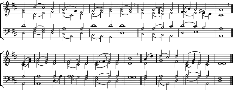 
\new ChoirStaff <<
  \new Staff { \clef treble \time 3/2 \key d \major \partial 2 \set Staff.midiInstrument = "church organ" \omit Staff.TimeSignature \set Score.tempoHideNote = ##t \override Score.BarNumber  #'transparent = ##t 
  \relative c''
  << { a2 | d( cis) b | a2.( g4) fis2 | g( a) b | b( a) \breathe \bar"||" a | a( gis) a | fis4( b) a2 gis | a1 \breathe \bar"||" \break
       e4( a) | a2( g) fis | fis( e) d | e4.( fis8 g2) fis | b1 \breathe \bar"||" a4( d) | d2( cis) d | e,4( g fis2) e | d1 \bar"|." } \\
  { fis2 | d( e) fis | e( cis) d | d( fis) g | g( fis) e | e( d ) e | fis( e) e4( d) | cis1
    cis4( fis) | fis2( e) d | d( cis) d | cis( e) d | d1 d2 | g1 fis2 | b,4( e) d2 cis | d1 } >>
  } 
\new Staff { \clef bass \key d \major \set Staff.midiInstrument = "church organ" \omit Staff.TimeSignature \override Staff.NoteHead.style = #'altdefault
  \relative c'
  << { d2 | a( g) fis | a1 a2 | d1 d2 | d1 a2 | a( b) cis | d( cis) b | a1
       a2 | a1 a2 | a1 a2 | g( a) a | g1 a2 | a1 a2 | b( a) a | fis1 } \\
  { d2 | fis( e) d | cis( a) d | b( a) g | d'1 cis2 | cis( b) a | d e1 | a,1 
    a2 | a1 d4( a') a2( g) fis | e( cis) d | g1 fis2 | e( a,) d | g( a) a, | d1 } >>
  } 
>>
\layout { indent = #0 }
\midi { \tempo 2 = 80 }
