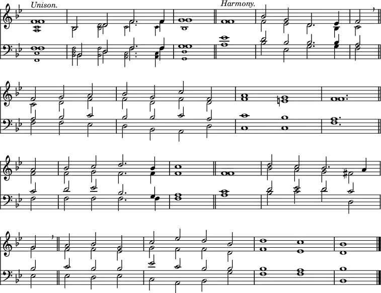 
<< <<
\new Staff { \clef treble \time 4/2 \key bes \major \partial 1 \set Staff.midiInstrument = "church organ" \omit Staff.TimeSignature \set Score.tempoHideNote = ##t \override Score.BarNumber  #'transparent = ##t
  \relative c'
  << { ^\markup \italic "Unison." f1 | bes,2 d f2. 4 | g1 \bar"||" 
       ^\markup \italic "Harmony." f | bes2 g d2. es4 | f2 \breathe \bar"||" \break
       f g a | bes g c f, | a1 g | f1. \bar"||" \break
       a2 | bes c d2. bes4 | c1 \bar"||" f, | d'2 c bes2. a4 \break
       g2 \breathe \bar"||" a bes g | c es d bes | d1 c | bes \bar"|." } \\
  { f1 | bes,2 d f2. 4 | g1 f | f2 es d2. bes4 | c2
    c d f | f d f d | f1 e | f1.
    f2 | f g f2. 4 | 1 1 | bes2 a g fis
    g f f es | g f f d | f1 es | d } \\
     \tiny \stemDown { <c a>1 | s2 <bes d> c2. 4 | bes1 } >>
}
\new Staff { \clef bass \key bes \major \set Staff.midiInstrument = "church organ" \omit Staff.TimeSignature
  \relative c
  << { f1 | bes,2 d f2. 4 | g1 es' | d2 bes bes2. 4 | a2
       a bes c | bes bes c a | c1 bes | a1.
       c2 | d es bes2. g4 | a1 c | d2 es d c
       bes c bes bes | es c bes bes | bes1 a | bes } \\
  { f1 | bes,2 d f2. 4 | g1 a | bes2 es, g2. 4 | f2
    f f es | d bes a d | c1 c | f1.
    f2 | f f f2. 4 | 1 a | bes2 c d d,
    es es d es | c a bes g' | f1 f | bes, } \\
      \tiny \stemDown { <c f,>1 | <bes d f>2 <bes f'> <a c>2. 4 | <g d'>1} >>
}
>> >>
\layout { indent = #0 }
\midi { \tempo 2 = 80 }

