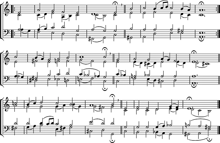 
\new ChoirStaff <<
  \new Staff { \clef treble \time 4/2 \key c \major \partial 2 \set Staff.midiInstrument = "church organ" \omit Staff.TimeSignature \set Score.tempoHideNote = ##t \override Score.BarNumber  #'transparent = ##t
  \relative c'
  << { \bar".|:" e2 | a g f e | d1 e2 \fermata \breathe \bar"||"
       b' | c b4( c8 d) c2 b4( a) | a1. \fermata \bar":|." \break
       c2 | b4( a) g2 a b | c1 c2 \fermata \breathe \bar"||"
       g | a g a4( g) f2 | e1. \fermata \bar"||" \break
       c'!2 | b4( c) d2 c b | a1 b2 \fermata \breathe \bar"||"
       e, | f e d g4( f) | e1. \fermata \bar"|." } \\
  { c2 | c4( d) e2 a,4( b) c2 | c2( b) c
    e | e f e d4( c) | c1.
    e2 | fis e f f | g( f) e
    e | e4( d) cis( d) e2 e4( d) | d2( cis1)
    a'2 | g g g4( a) b( g) | g2( fis) g
    c, | d c d e4( d) | d2( c b) } >>
  } 
\new Staff { \clef bass \key c \major \set Staff.midiInstrument = "church organ" \omit Staff.TimeSignature \override Staff.NoteHead.style = #'altdefault
  \relative c'
  << { a2 | a4( b) c2 d g, | a( g) g
       b | a a a gis | e1.
       a4( g) | fis2 b2 c d | c4( bes2 aes4) g2
       c4( bes!) | a!2 bes a a | a1.
       d2 | d d4( c8 d) c2 b | e( d) d 
       g, | g g g4( a) bes2 | b!( a gis) } \\
  { a4( g) | f2 e d c | fis,( g) c
    gis | a d e e | a,1. \fermata
    a'2 | dis, e es d | e!2( f) c \fermata
    c | f e4( d) cis2 d | a1. \fermata
    fis'2 | g4( a) b2 e,4( fis) g2 | cis, d g, \fermata
    cis | b c bes4( a) g2 | gis( a e') \fermata } >>
  } 
>>
\layout { indent = #0 }
\midi { \tempo 2 = 42 }
