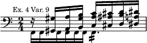 { \new Staff << \mark \markup \small "Ex. 4 Var. 9" \time 2/4 \clef bass
\new Voice \relative g { \stemUp
r16 <gis gis,> <a a,> <b gis b,> <c a c,>
<cis ais cis,> <d b d,> <dis a dis,> }
\new Voice \relative f, { \stemDown
f16*2/3 f f f f f f4.*2/3:16 } >> }