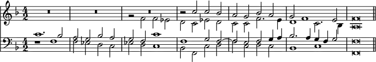 { << \new Staff << \key f \major \time 4/2
\new Voice \relative c'' { \stemUp
R\breve R R r2 c c bes | a g bes a | g f1 e2 | f\breve }
\new Voice \relative f' { \stemDown
R\breve R g2\rest f f ees d c ees d |
c c f2. e4 d1 c2. bes4 | a\breve \bar "||" } >>
\new Staff << \clef bass \key f \major
\new Voice \relative c' { \stemUp
c1. bes2 | a g bes a | g f c'1 | f, %end line 1
g2 f ^~ | f e f g4 a | bes2. a4 g f g2 | f\breve }
\new Voice \relative f { \stemDown
r1 f | f2 ees d c | ees d c1 | bes2 f %end line 1
c' d | f c d c | bes1 c | f,\breve } >> >> }
