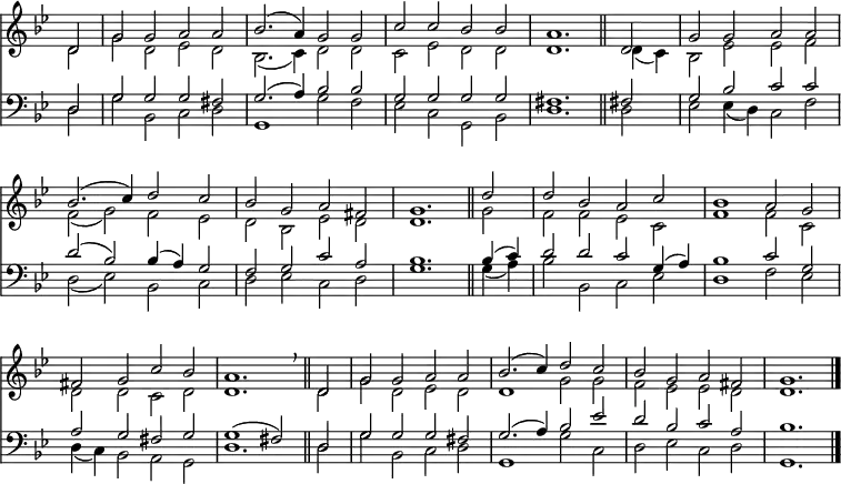 
<< <<
\new Staff { \clef treble \time 4/2 \key g \minor \partial 2 \set Staff.midiInstrument = "church organ" \omit Staff.TimeSignature \set Score.tempoHideNote = ##t \override Score.BarNumber  #'transparent = ##t
  \relative c'
  << { d2 | g g a a | bes2.( a4) g2 g | c c bes bes | a1. \bar"||"
       d,2 | g g a a | \break bes2.( c4) d2 c | bes g a fis | g1. \bar"||"
       d'2 | d bes a c | bes1 a2 g | \break fis g c bes | a1. \breathe \bar"||" 
       d,2 | g g a a | bes2.( c4) d2 c | bes g a fis | g1. \bar"|." } \\
  { d2 | g d es d | bes2.( c4) d2 d | c es d d | d1. d4( c) | bes2 es es f
    f( g) f es | d bes es d | d1. g2 | f f es c | f1 2 c |
    d d c d | d1. 2 | g d es d | d1 g2 g | f es es d | d1. } >>
}
\new Staff { \clef bass \key g \minor \set Staff.midiInstrument = "church organ" \omit Staff.TimeSignature
  \relative c
  << { d2 | g g g fis | g2.( a4) bes2 2 | g g g g | fis1. fis!2 | g bes c c 
       d( bes) bes4( a) g2 | f g c a | bes1. 4( c) | d2 d c g4( a) | bes1 c2 g
       a g fis g | g1( fis2) d | g g g fis | g2.( a4) bes2 es | d bes c a | bes1. } \\
  { d,2 | g bes, c d | g,1 g'2 f | es c g bes | d1. 2 | es es4( d) c2 f 
    d( es) bes c | d es c d | g1. 4( a) | bes2 bes, c es | d1 f2 es
    d4( c) bes2 a g | d'1. 2 | g bes, c d | g,1 g'2 c, | d es c d | g,1. } >>
}
>> >>
\layout { indent = #0 }
\midi { \tempo 2 = 76 }
