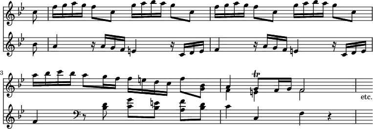 { << \new Staff \relative c'' { \key bes \major \override Score.TimeSignature #'stencil = ##f \partial 8
  c8 | \repeat unfold 2 { f16 g a g f8 c g'16 a bes a g8 c, }
  a'16 bes c bes a8 g16 f f e d c f8 <bes, g> | %end line 2
  << { a4 g8\trill f16 g f2 } \\ { f4 e f2 } >> | s4_"etc." }
\new Staff \relative b' { \key bes \major
  bes8 | a4 r16 a g f e4 r16 c d e | f4 r16 a g f e4 r16 c d e |
  f4 \clef bass r8 <d bes> <c g'>[ <bes e>] <a f'> <bes d> | %eol2
  c4 c, f r | s } >> }