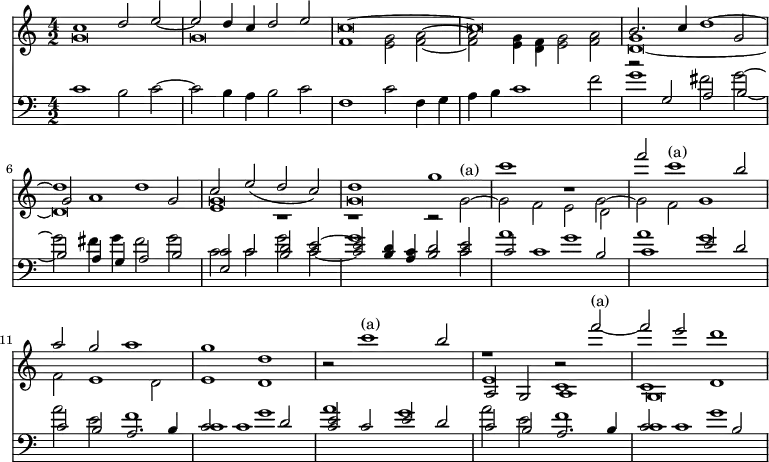 << \new Staff { \time 4/2
<< \new Voice { \stemUp c''1 d''2 e'' ~ e'' d''4 c'' d''2 e'' | c''\breve ~ c'' | b'2. c''4 d''1 ~ d'' d'' | c''2 e''_( d'' c'') | d''1 g'' c''' r | f'''2 c'''1^"(a)" b''2 | a'' g'' a''1 | g'' d'' | r2 c'''1^"(a)" b''2 | r1 r2 f'''^"(a)" ~ | f''' e''' d'''1 }
\new Voice { \stemDown g'\breve g' | f'1 <g' e'>2 <f' a'> ~ | q <g' e'>4 <f' d'> <e' g'>2 <f' a'> | d'\breve _~ d' | e'1 r r r2 g'^"(a)" ~ g' f' e' d' s\breve s s s e'1 c' c' d' }
\new Voice { \stemUp s\breve s s s g'1 s2 g' | g' a'1 g'2 | g'\breve g' s1 \stemDown s2 g'2 ~ g' f' g'1 f'2 e'1 d'2 e'1 d' s\breve \stemUp a2 g a1 g\breve } >> }
\new Staff { \clef bass << \new Voice { \stemDown c'1 b2 c' ~ c' b4 a b2 c' | f1 c'2 f4 g | a b c'1 f'2 | g'1 fis'2 g' ~ g' fis'4 g' fis'2 g' | c' c' g' c' | g'1 s2 c' a'1 g' | a' g' | a'2 e' f'1 | c' g' | a' g' | a'2 e' f'1 | c' g' }
\new Voice { \stemUp s\breve s s s r2 g a b ~ b a4 g a2 b <c' e> c' <b d'> <c' e'> ~ | q <b d'>4 <a c'> <b d'>2 <c' e'> | c' c'1 b2 | c'1 e'2 d' | c' b a2. b4 | c'2 c'1 d'2 | <c' e'> c' e' d' | c' b a2. b4 c'2 c'1 b2 } >> } >>
