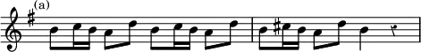 { \relative b' { \mark \markup \small (a) \key g \major \override Score.TimeSignature #'stencil = ##f \override Score.Rest #'style = #'classical
b8 c16 b a8 d b c16 b a8 d | b8 cis16 b a8 d b4 r } }