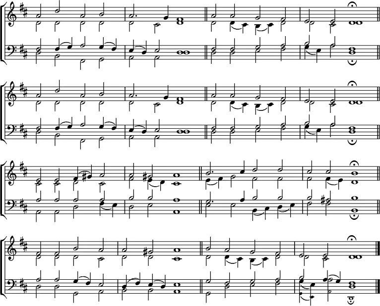 
\new ChoirStaff <<
  \new Staff { \clef treble \time 4/2 \key d \major \set Staff.midiInstrument = "church organ" \omit Staff.TimeSignature \set Score.tempoHideNote = ##t \override Score.BarNumber  #'transparent = ##t 
  \relative c''
  << { a2 d a b | a2. g4 fis1 \bar"||" a2 a g fis | e e d1\fermata \bar"||" \break
       a'2 d a b | a2. g4 fis1 \bar"||" a2 a g fis | e e d1\fermata \bar"||" \break
       e2 e fis4( gis) a2 | a gis a1 \bar"||" b2. cis4 d2 d | cis cis b1 \fermata \bar"||" \break
       fis2 fis b a | a gis a1 \bar"||" b2 a g fis | e e d1 \fermata \break
       \bar"|." } \\
  { d2 d d d | d cis d1 | d2 d4( cis) b( cis) d2 | d cis d1
    d2 d d d | d cis d1 | d2 d4( cis) b( cis) d2 | d cis d1
    cis2  cis d cis | fis e4( d) cis1 | e4( fis) g2 fis fis | fis fis4( e) d1
    d2 d d cis | d d cis1 | d2 d4( cis) b( cis) d2 | d cis d1 } >>
  } 
\new Staff { \clef bass \key d \major \set Staff.midiInstrument = "church organ" \omit Staff.TimeSignature  
  \relative c
  << { fis2 fis4( g) a2 g4( fis) | e( d) e2 d1 | fis2 fis g a | b a fis1
       fis2 fis4( g) a2 g4( fis) | e( d) e2 d1 | fis2 fis g a | b a fis1
       a2 a a a | b b a1 | g2. a4 b2 b | b ais b1 
       a2 a g4( fis) e2 | d4( fis) e( d) e1 | g2 fis g a | b a4( g) fis1 } \\
  { d2 b fis g | a a d1 | d2 d e fis | g4( e) a2 d,1 \fermata
    d2 b fis g | a a d1 | d2 d e fis | g4( e) a2 d,1 \fermata
    a2 a d fis4( e) | d2 e a,1 | e'2 e b4( cis) d( e) | fis2 fis b,1 \fermata
    d2 d g, a | b b a1 | g2 d' e fis | g4( e) a2 d,1 } \\
        \teeny \stemDown \shiftOff { s1 s | s s | s s | s s
         s s | s s | s s | s s 
         s s | s s | s s | s s
         s s | s s | s s | g,4_( e) a2 d,1 _\fermata } >>
  } 
>>
\layout { indent = #0 }
\midi { \tempo 2 = 66 }
